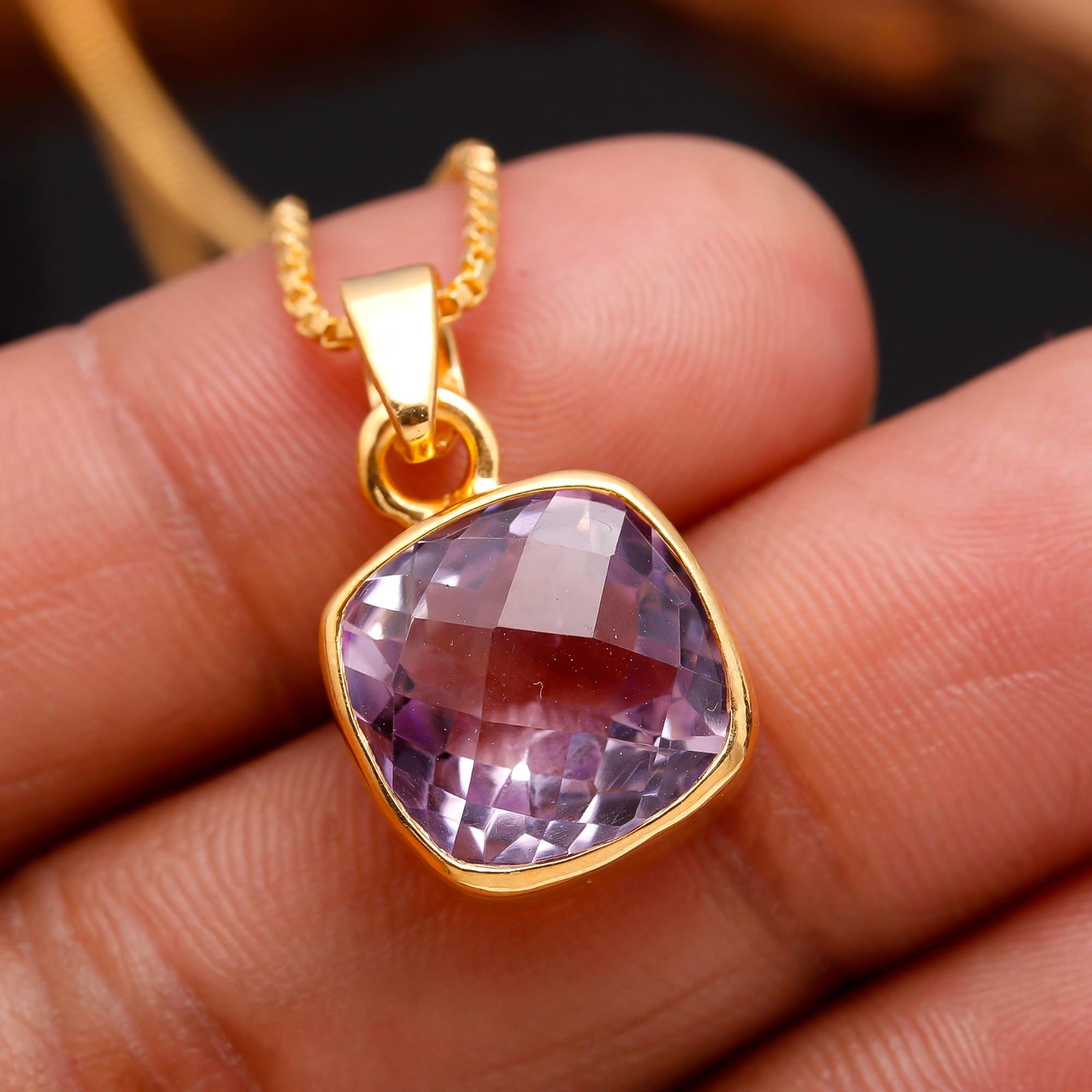 Natural Pink Amethyst Cushion Chain Pendant Gold Fill 925Sterling Silver Jewelry