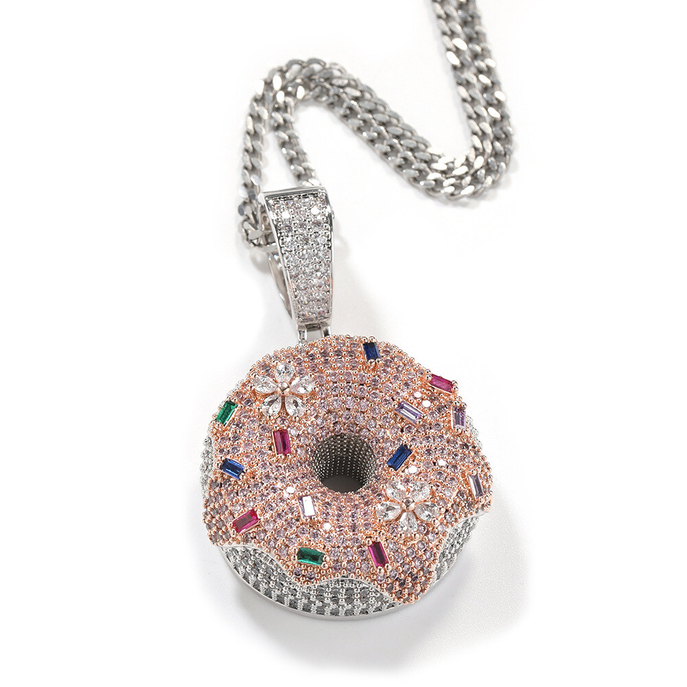 Hip Hop Colorful Donut Pendant Necklace 18k Real Gold Plated Full Zircon Jewelry