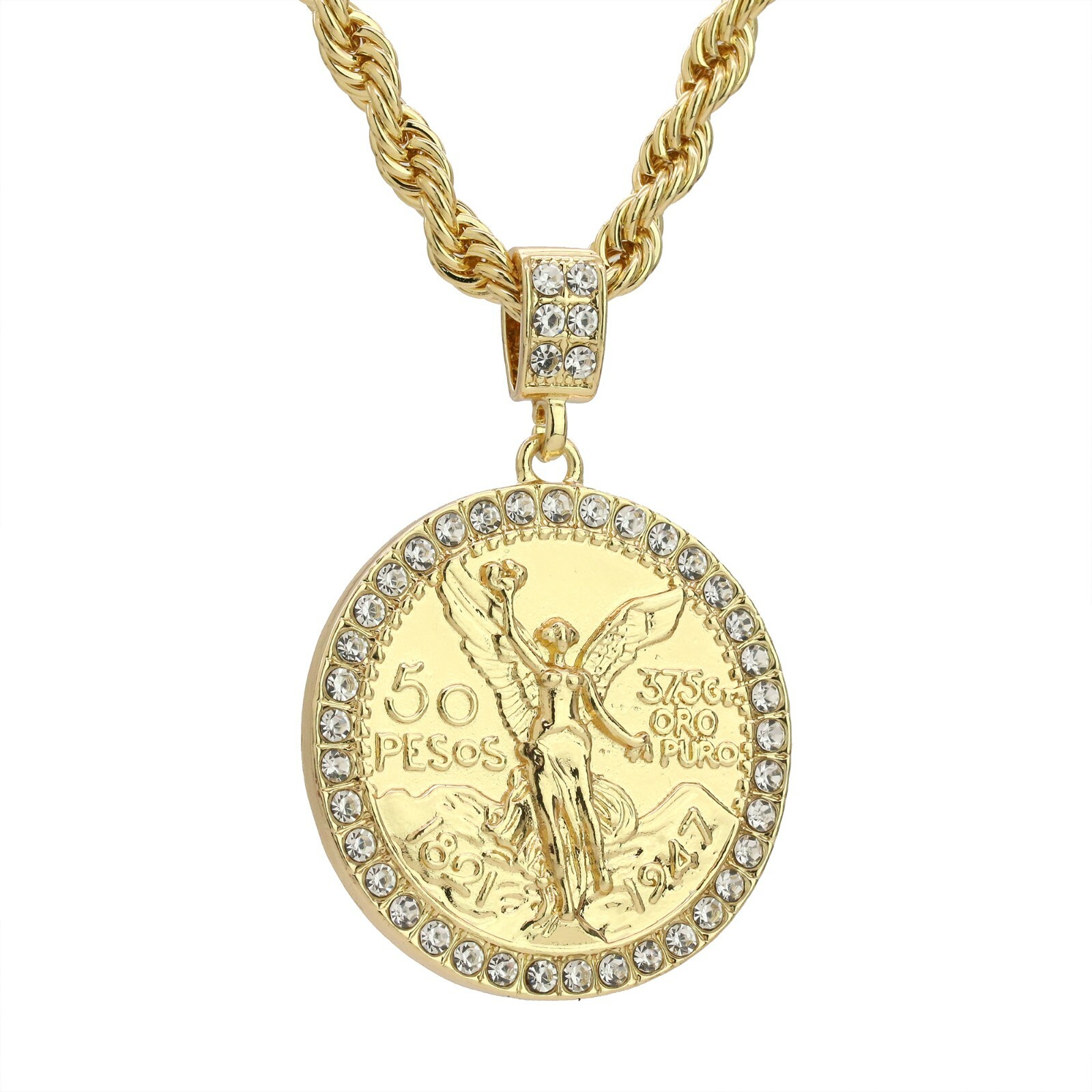 Centenario 50 Pesos Pendant Iced Cubic-Zirconia Rope Chain 14k Gold Plated