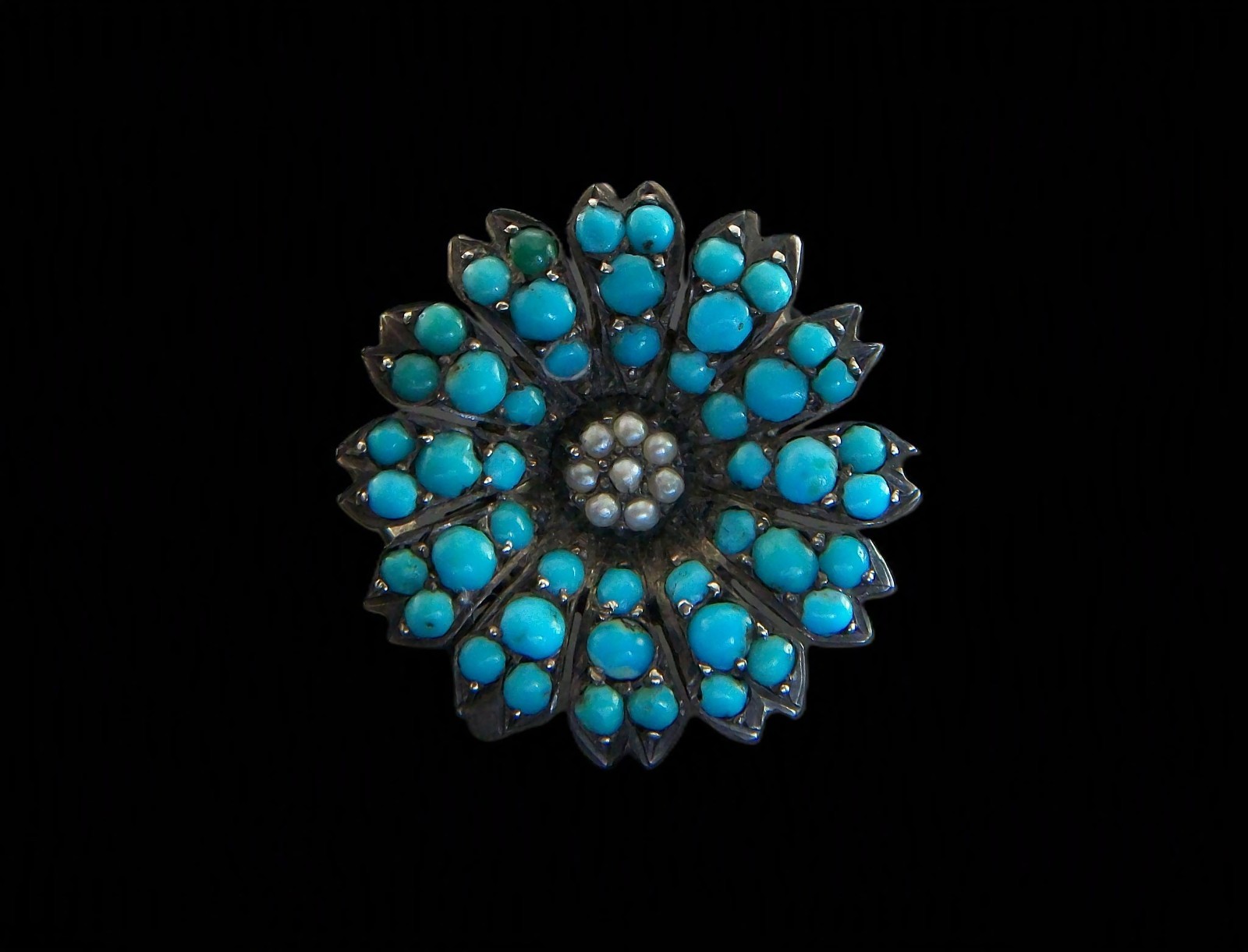 Victorian Pavé Set Turquoise & Seed Pearl Flower Brooch – Germany – Circa 1850