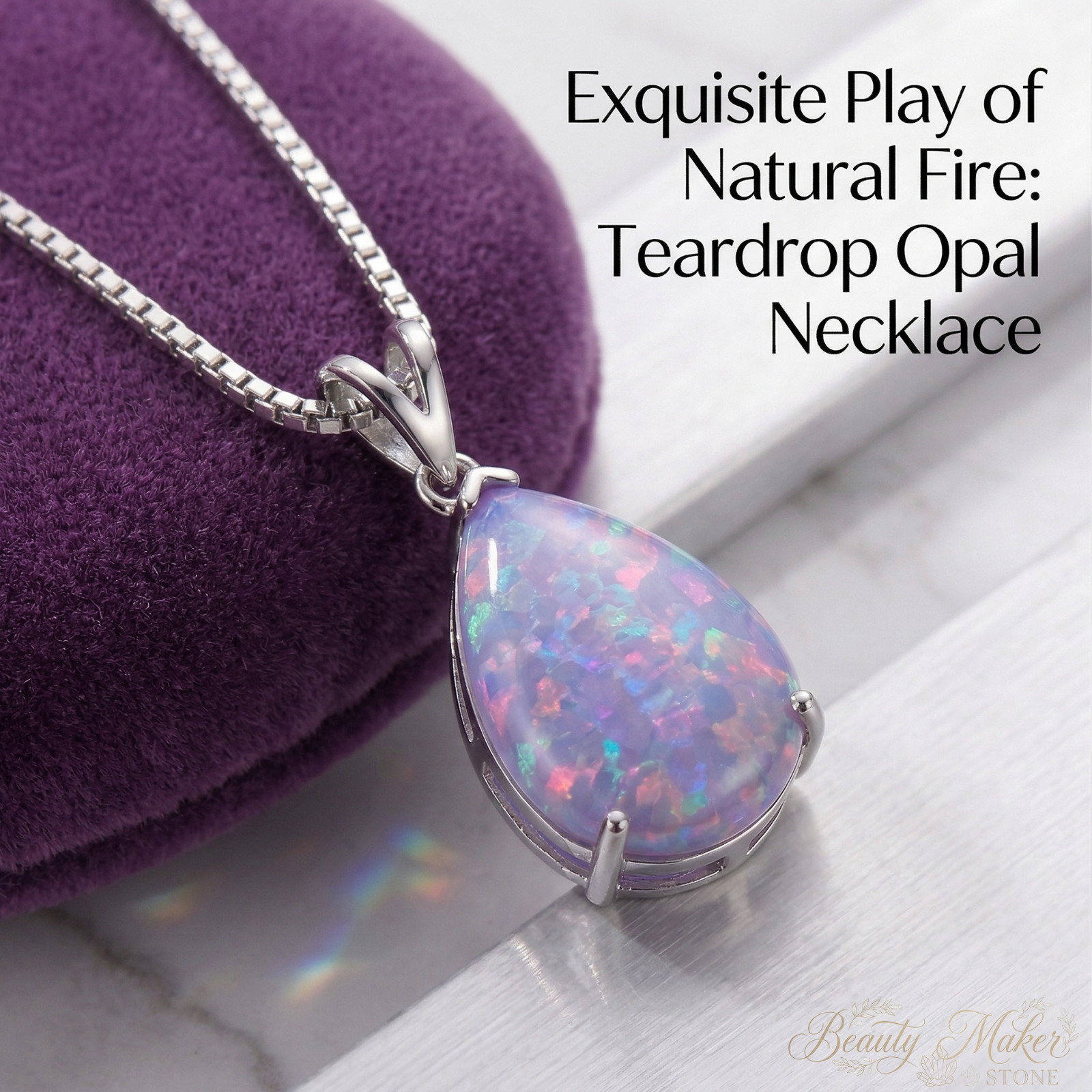 Amethyst Purple Fire Opal Pear Necklace Crystal Pendant For Her Anniversary Gift