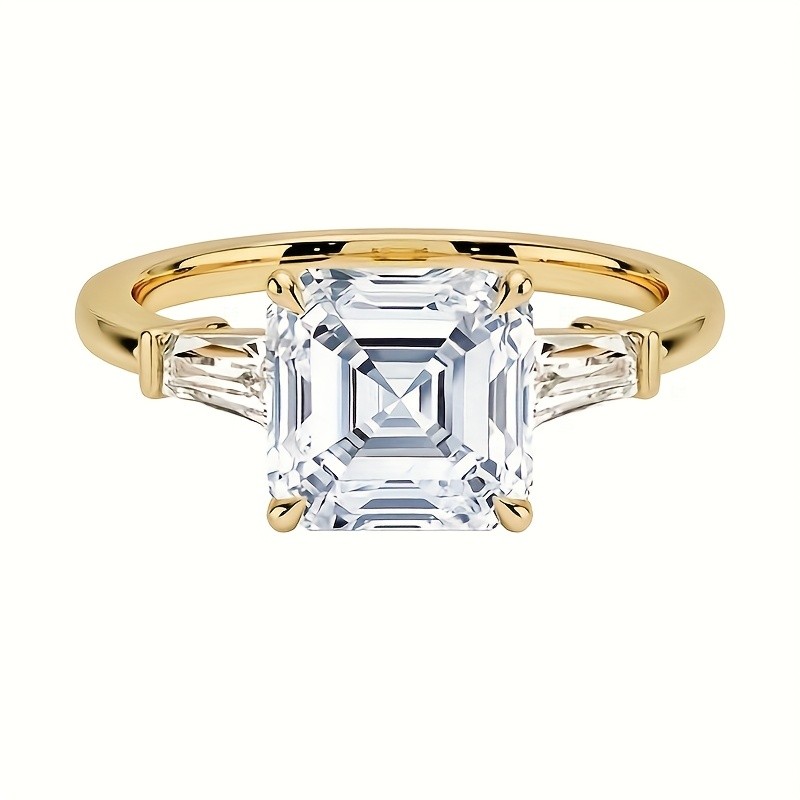 Golden Silvery 1CT Moissanite Asscher Cut Ring With Tapered Baguette Stones
