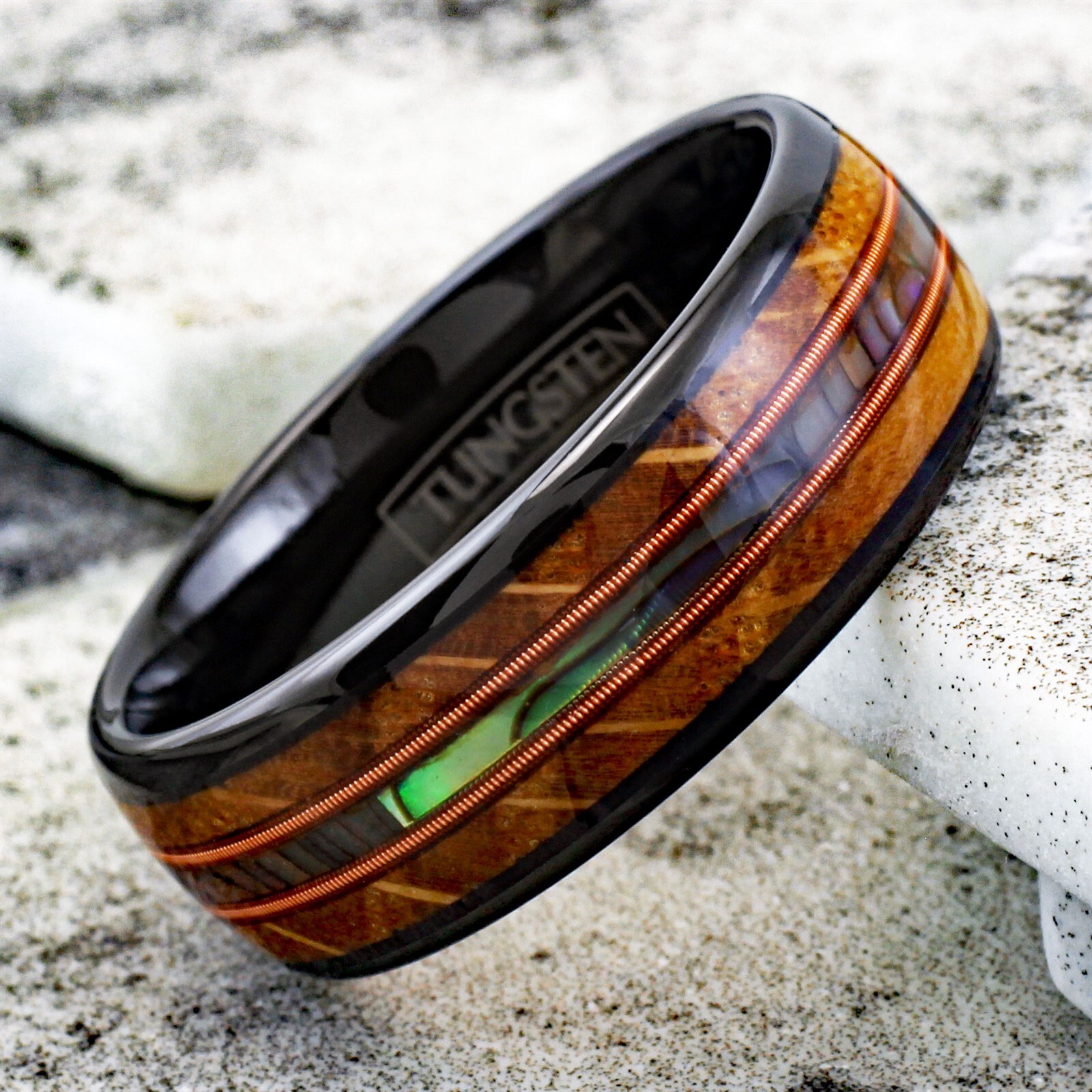 6/8mm Black Tungsten Whiskey Barrel Wood Abalone & Dual Guitar String Men’s Ring