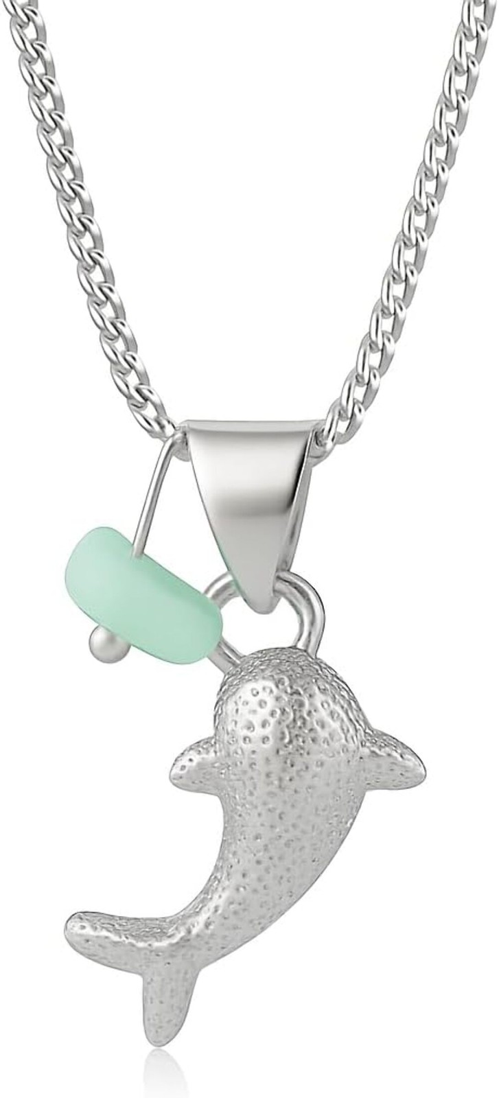 Stainless Steel Dolphin Necklace with Blue Sea Glass Accent