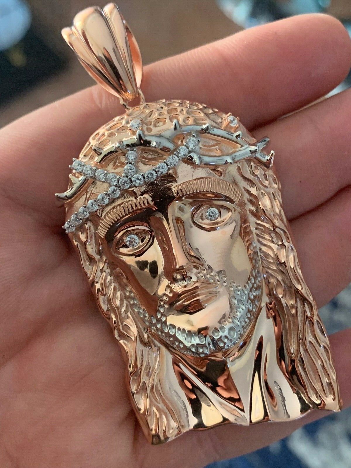 Solid 925 Silver 14k Rose Gold Plated Jesus Piece ITALY Necklace Real CZ Hip Hop