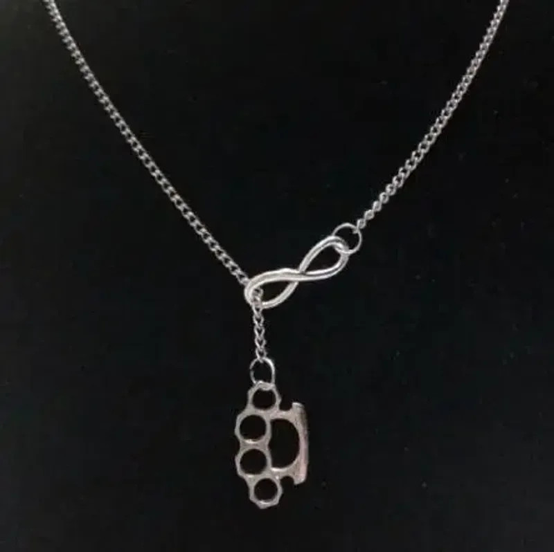 Vintage Double Brass Knuckle Pendant Adjustable Cross Lariat Necklace Goth Jewel