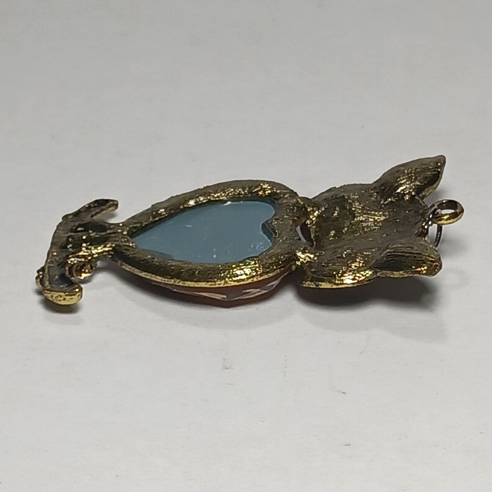 Owl Pendant Large Eyed Heart Shape Foil Back Glass Rhinestone Belly VTG Jewelry