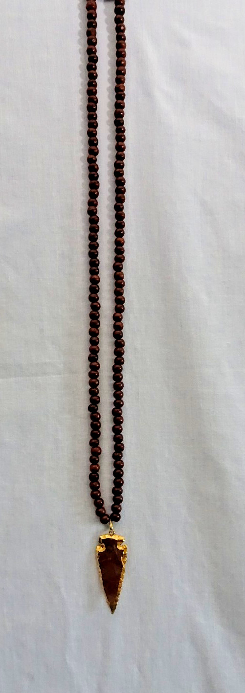 Vintage Brown Stone Gold Dip Arrowhead Pendant Necklace w 34″ Brown Beaded Chain