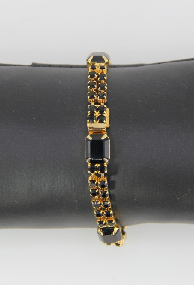 Vintage Bracelet Black Prong Set Rhinestones Push Lock, Czech Republic 1980