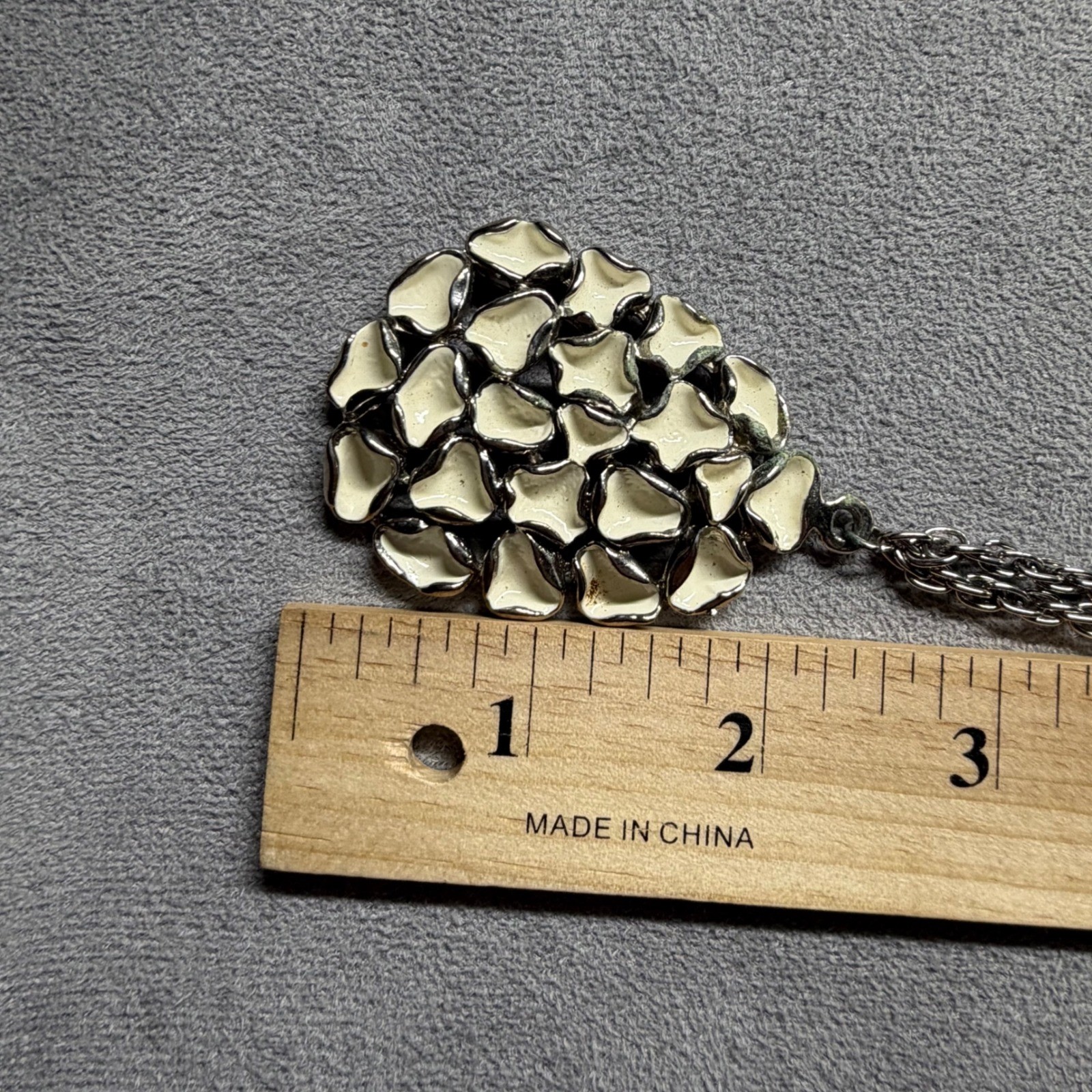 Silver Tone Pendant Necklace Teardrop Shape Modern Textured 24 in