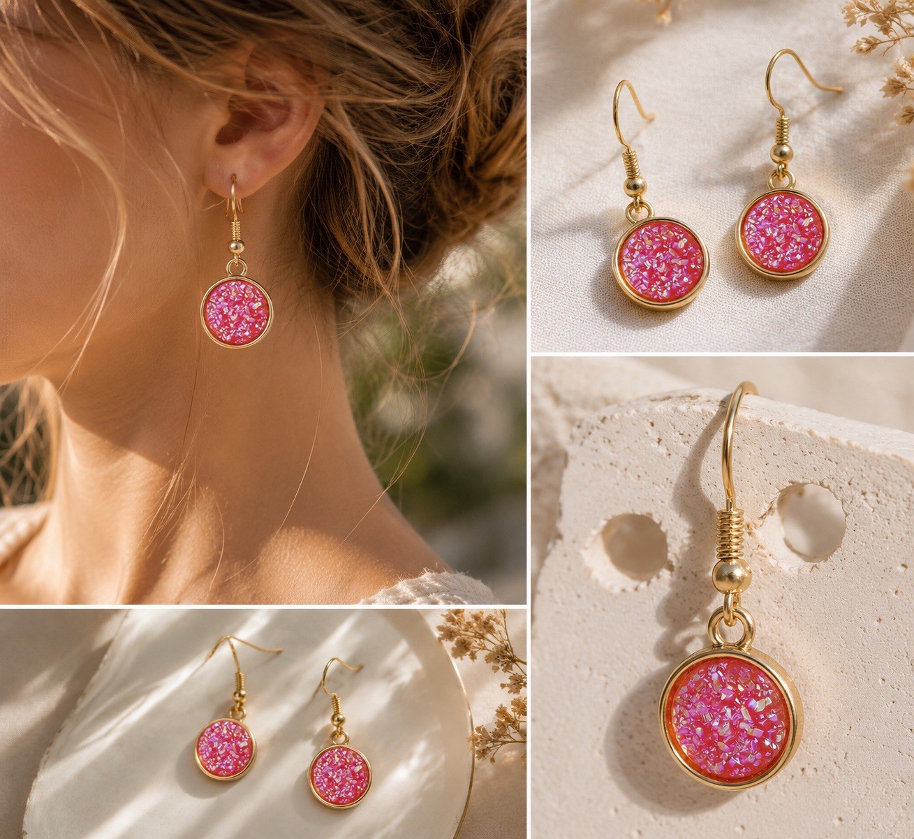 Pink Druzy Resin Dangle Earrings, Gold Tone Minimalist Jewelry
