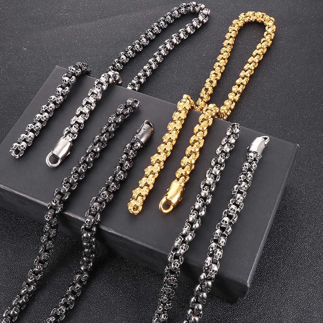 Multi-size Vintage 316L Stainless Steel Skull Link Chain Necklace For Cool Men