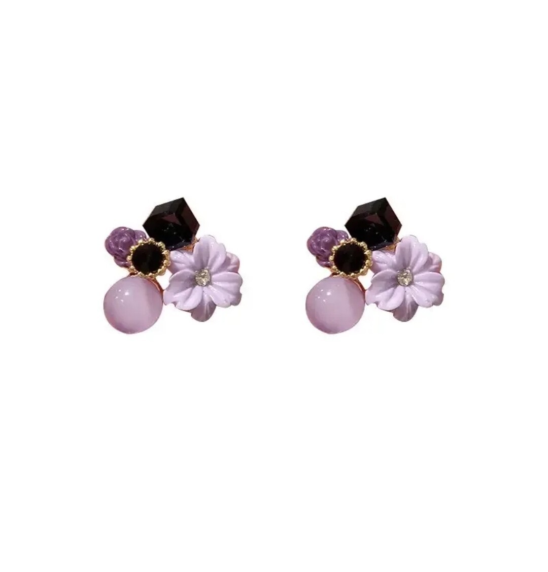 Retro Purple Pink Crystal Flower Earrings Exquisite Women Fashion Girl Gift New