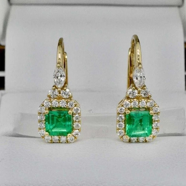 3 Ct Asscher Lab-Created Diamond Emerald Drop Earrings 14K Yellow Gold Plated