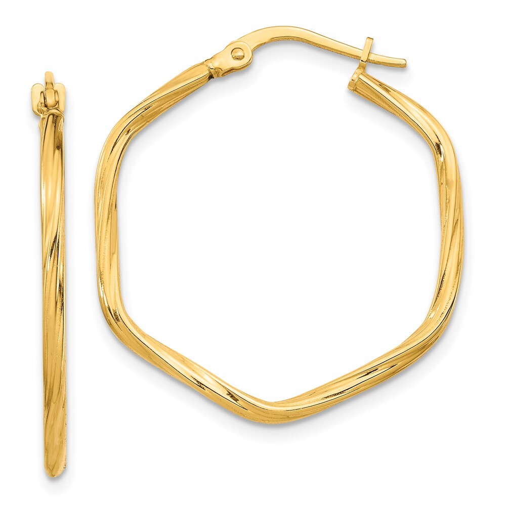 27.92mm 14K Yellow Gold 1x1mm Textured Twist Hexagon Hoop Earrings
