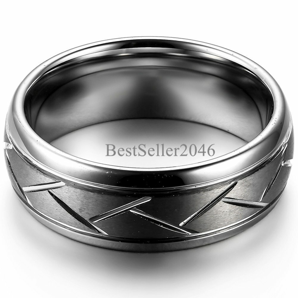 8mm Dome Grooved Comfort Fit Men Tungsten Carbide Brushed Wedding Ring Size 7-12