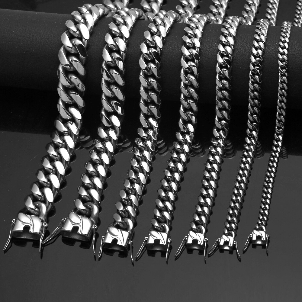6-18mm Heavy Women Mens Miami Cuban Link Chain Silver Stainless Steel Necklace