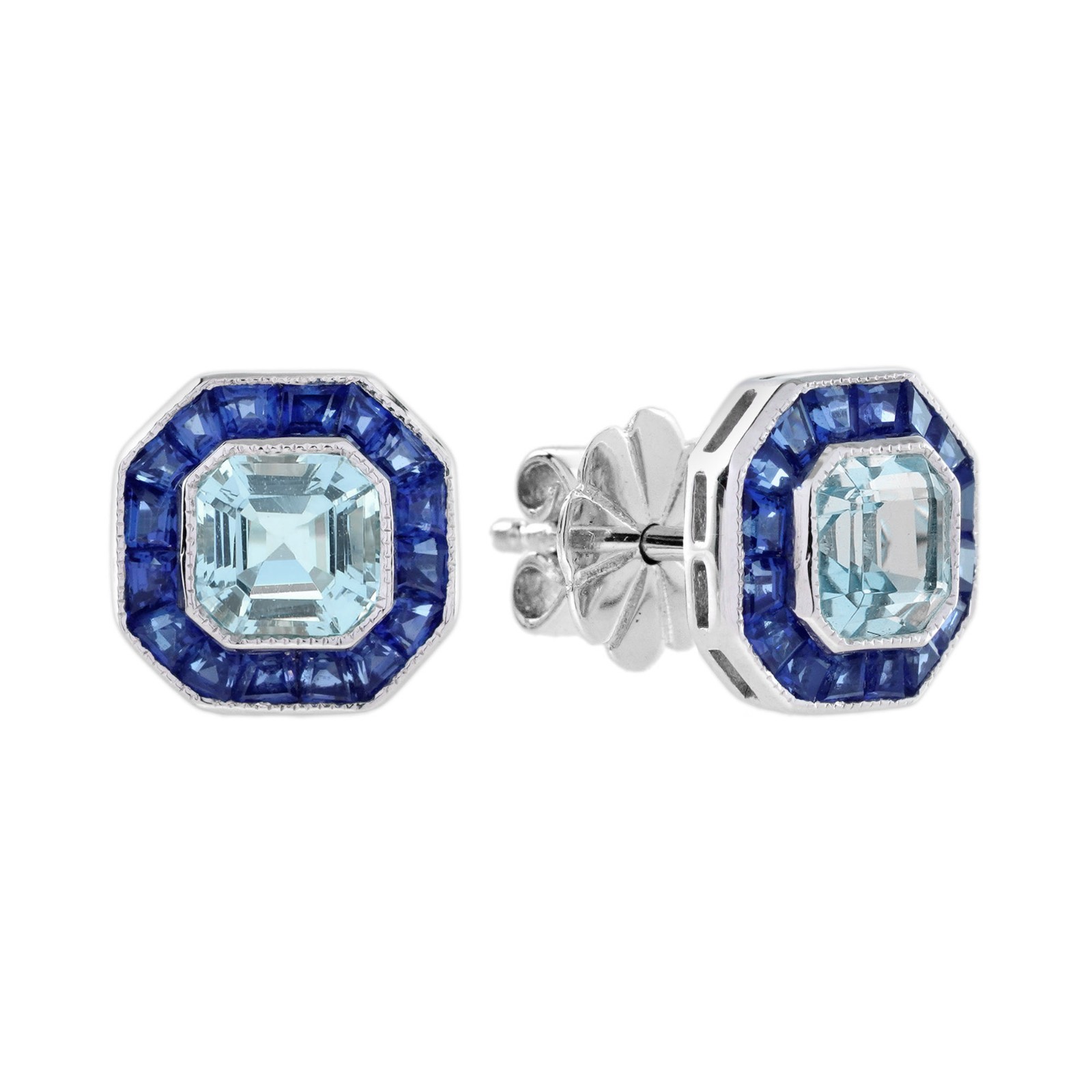 14K White Gold Aquamarine Blue Sapphire Jewelry Set Necklace Stud Earrings