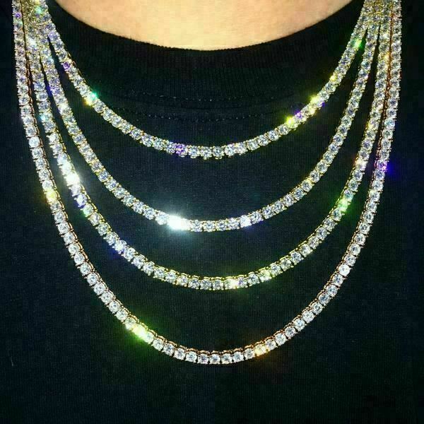 MOISSANITE Tennis Chain Real 925 Silver Yellow Rose Gold Plated Necklace 3-7mm