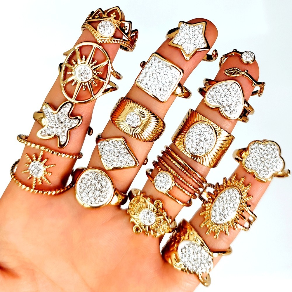 20Pcs Luxury Gold Full Zircon Ring For Women Assorted Style Stainless Steel Ring