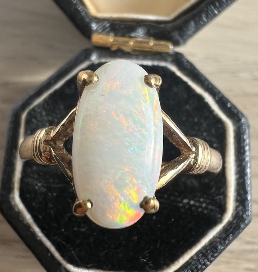 Vintage 9 Carat Solid Opal Ring with Beautiful Fire, Size Q 1/2