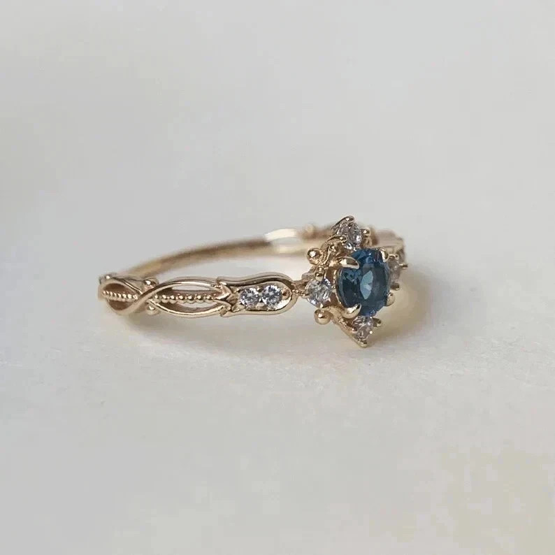 Art Deco Style Aquamarine Lab Created Diamond Engagement 14K Yellow Gold FN Ring