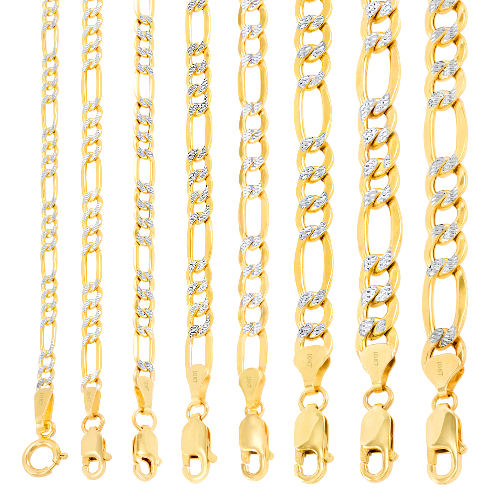 10K Yellow Gold 2mm-9mm Diamond Cut Figaro Pave Chain Necklace Bracelet 7″- 30″