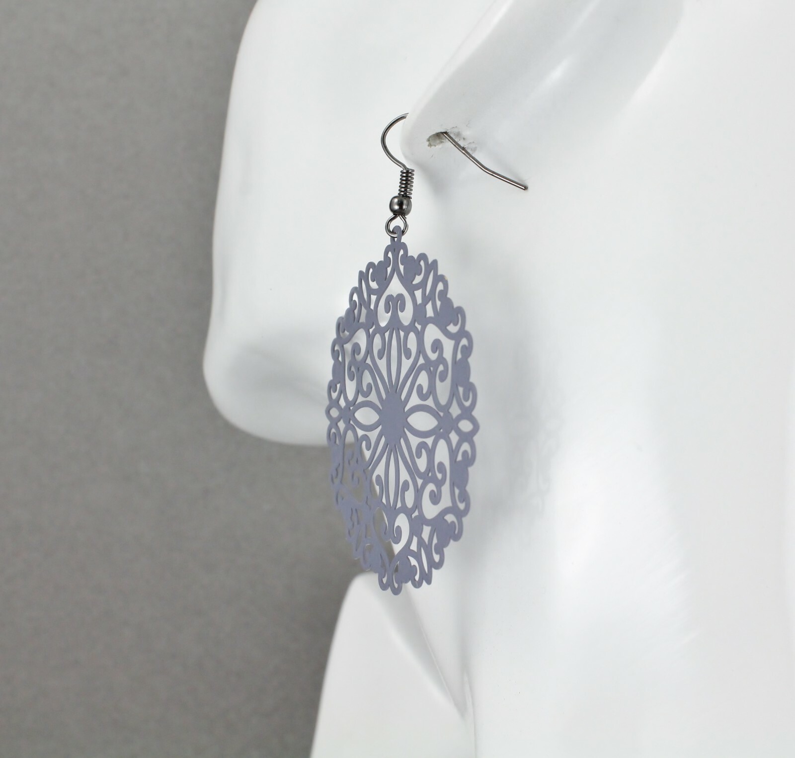 Grey round earrings cut out lace filigree scroll circle 2.5″ long very Light