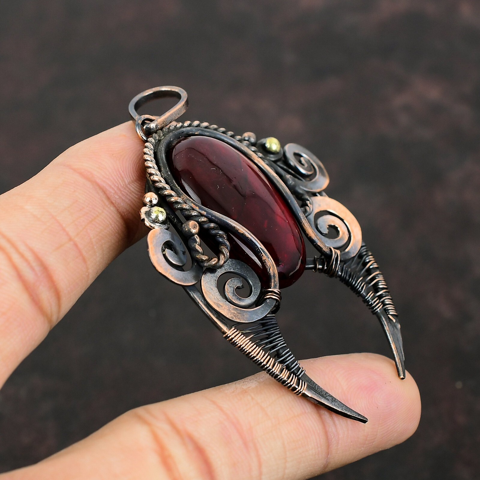 Red Fire Labradorite Wire Wrapped Pendant Handcrafted Copper Holiday 2.87″