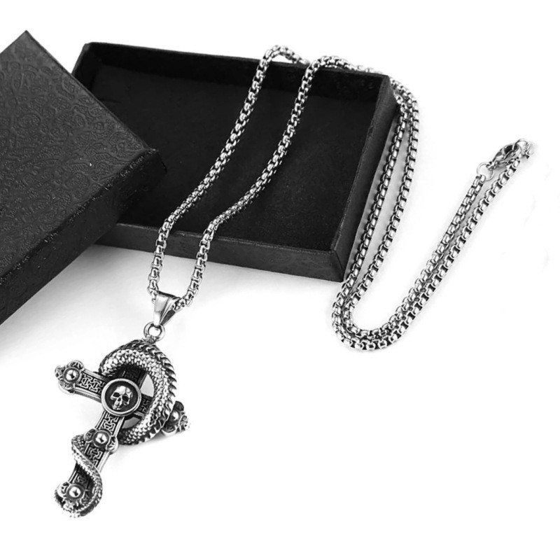 Dragon Wrapped Skull Cross Pendant Vintage Titanium Gothic Punk Necklace For Men
