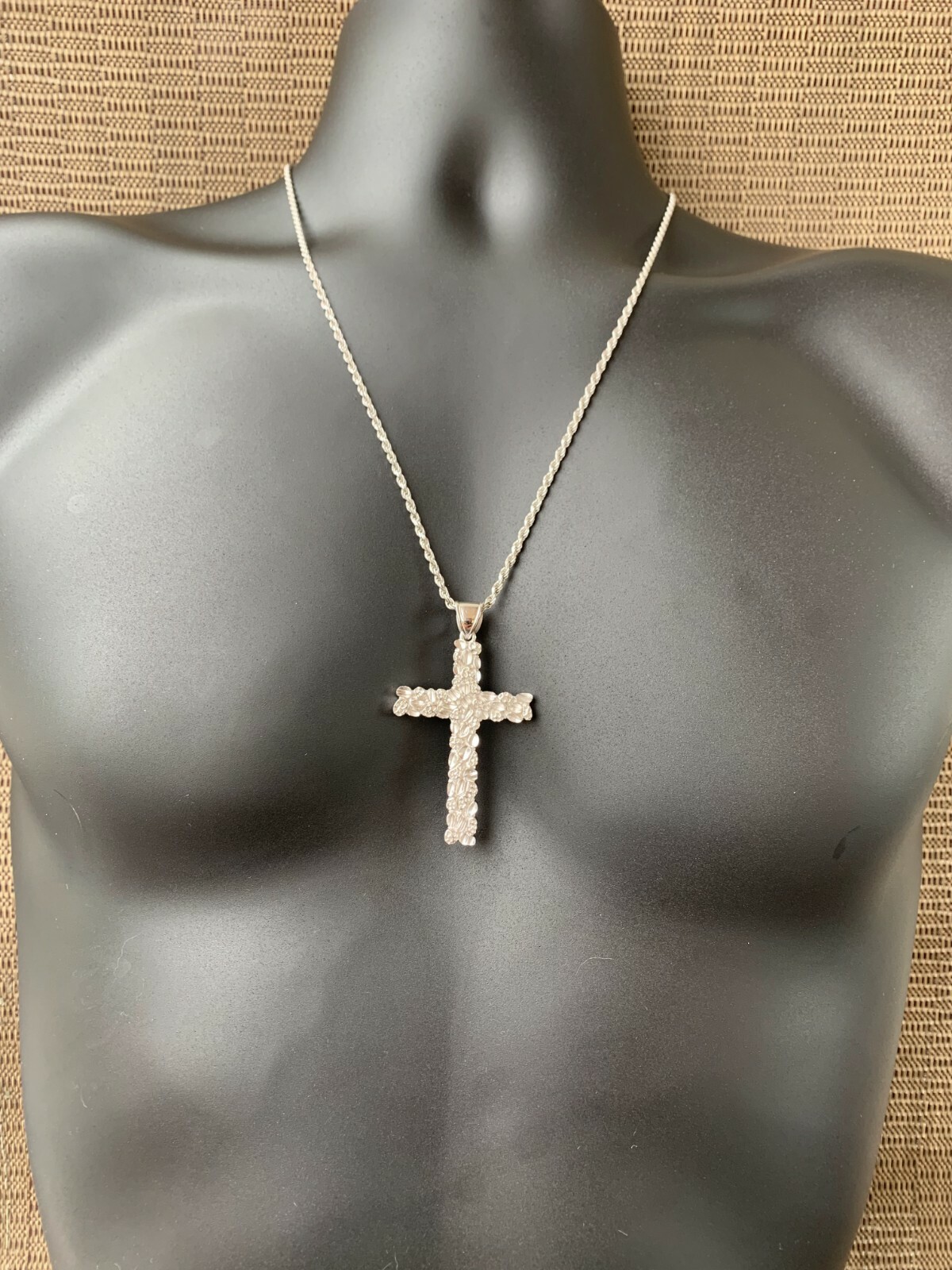 Mens Large 2.25″ Solid 925 Sterling Silver Nugget Cross Pendant Crucifix Chain