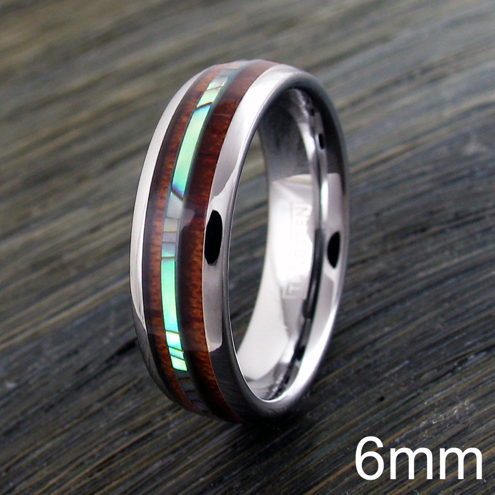6/8mm Tungsten Men’s Hawaiian Koa Wood & Abalone Wedding Band Ring-Engraving TW