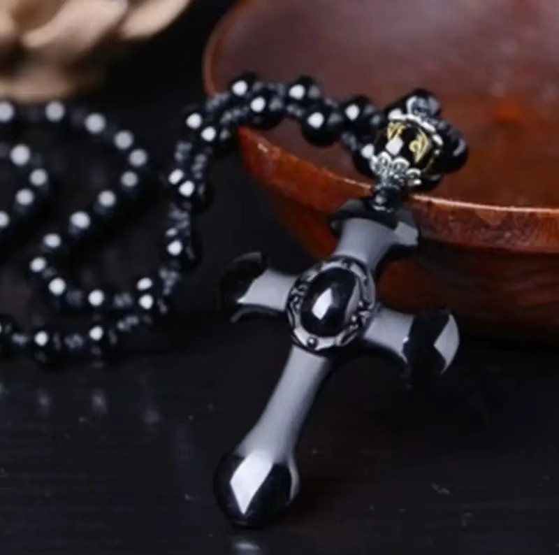 Natural crystal black obsidian cross necklace Amulet pendant with chain