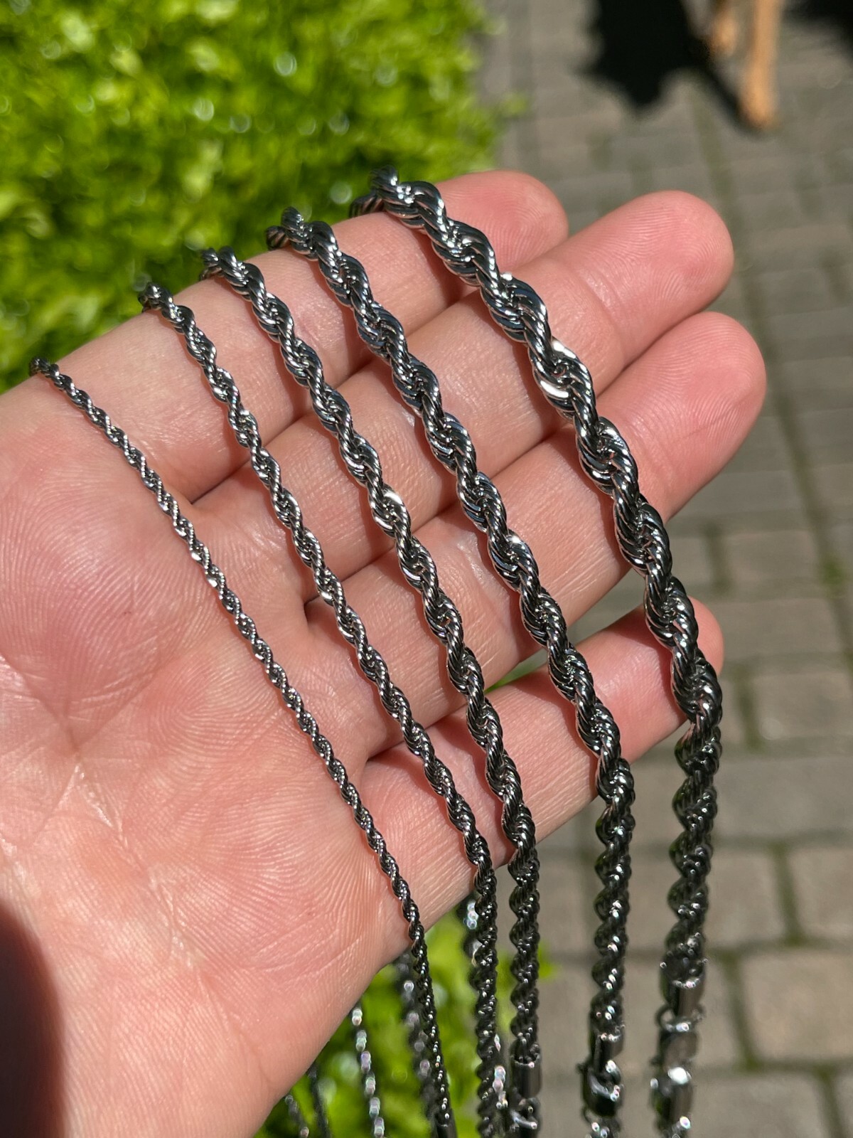 Men’s Real Solid Rope Chain Necklace Stainless Steel – Rhodium – 2mm-6mm 18-30″