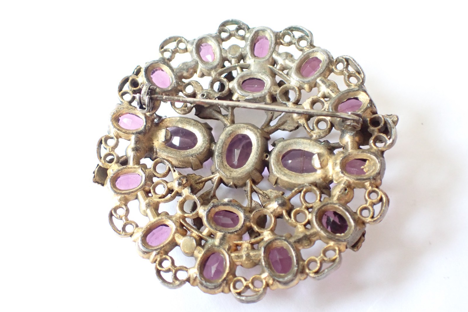 Vintage Czech Gold Tone Filigree Brooch W/ Purple Open Back Rhinestones Paste