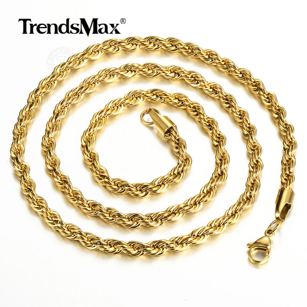 3-7MM Gold Plated Stainless Steel Diamond Cut Twisted Rope Chain Necklace 16-30″