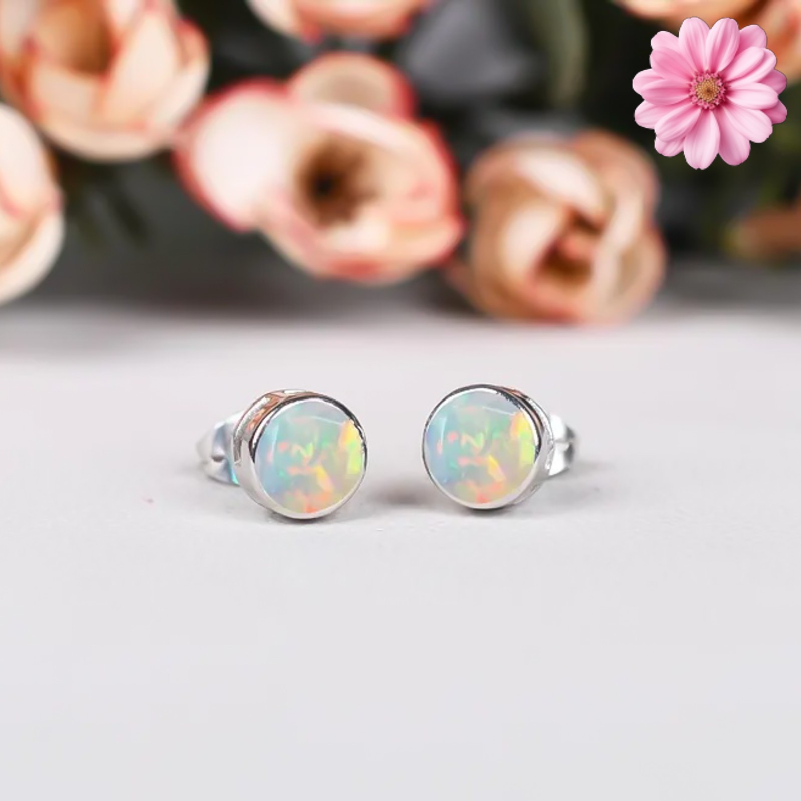 100% Original Fire Opal Round Gemstone 925 Sterling Silver Women Stud Earrings