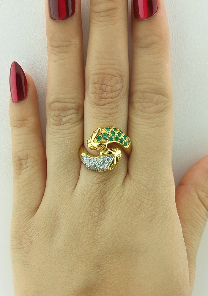 GENUINE 1.12 Cts EMERALDS & WHITE SAPPHIRE PANTER RING 18k GOLD – MADE IN USA