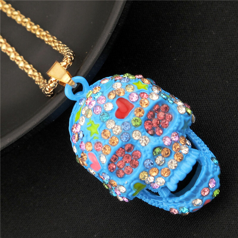 Fashion Women Blue Rhinestone Cute Enamel Love Skull Pendant Chain Necklace