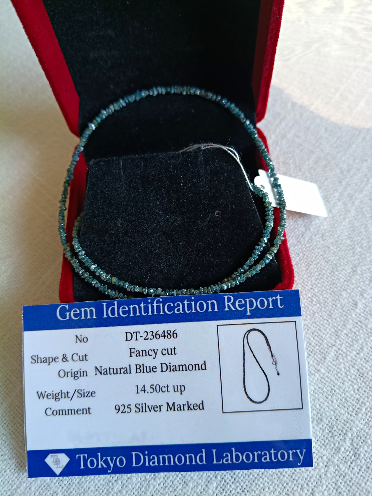 Natural Fancy Blue Diamond Bead Necklace 925 Sterling Silver 40cm+5cm Adj