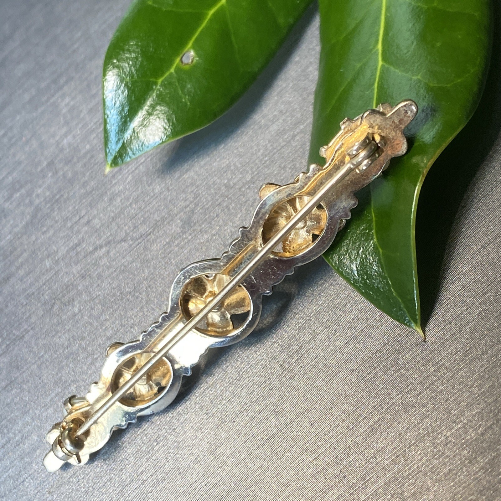 Vintage Pearl Bar Brooch Estate Fine Jewelry Pre-owned Sterling Silver Vermeil