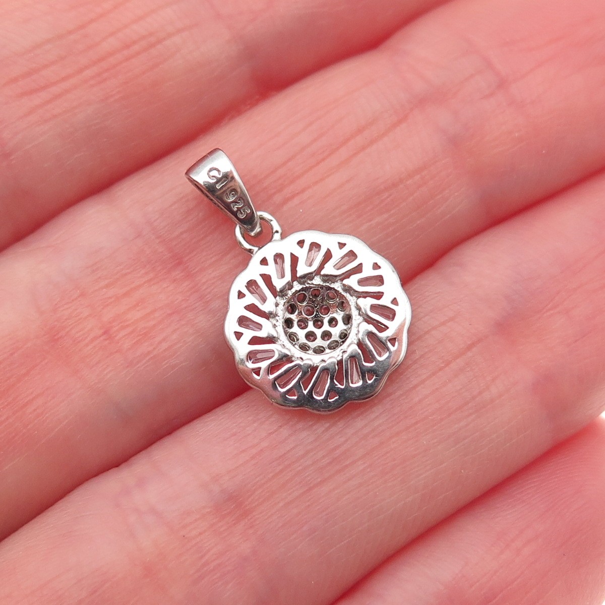925 Sterling Silver Round & Tapered Baguette-Cut C Z Flower Mini Charm Pendant