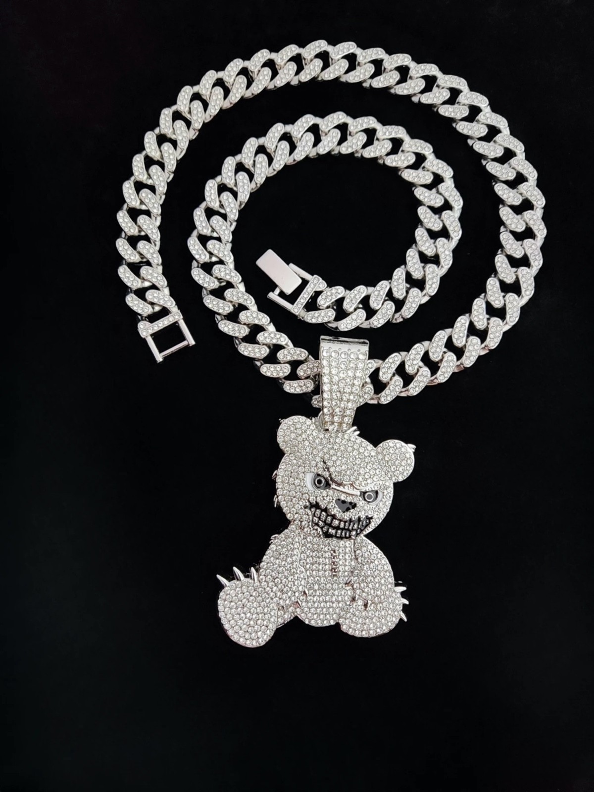 Iced Out Evil Bear Hip Hop Pendant Necklace Cuban Link Chain Bling Silver Gold