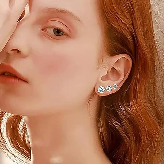 Silver Alloy Zircon Stud Earrings Set 12 Pairs Round Six Prong for For CRYSTAL