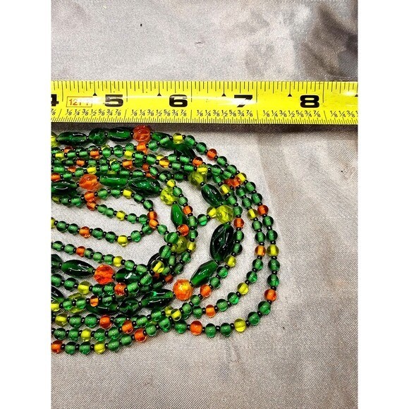 Vintage Multi Strand Beaded Bib Necklace Green Orange Yellow Glass Tiers Boho