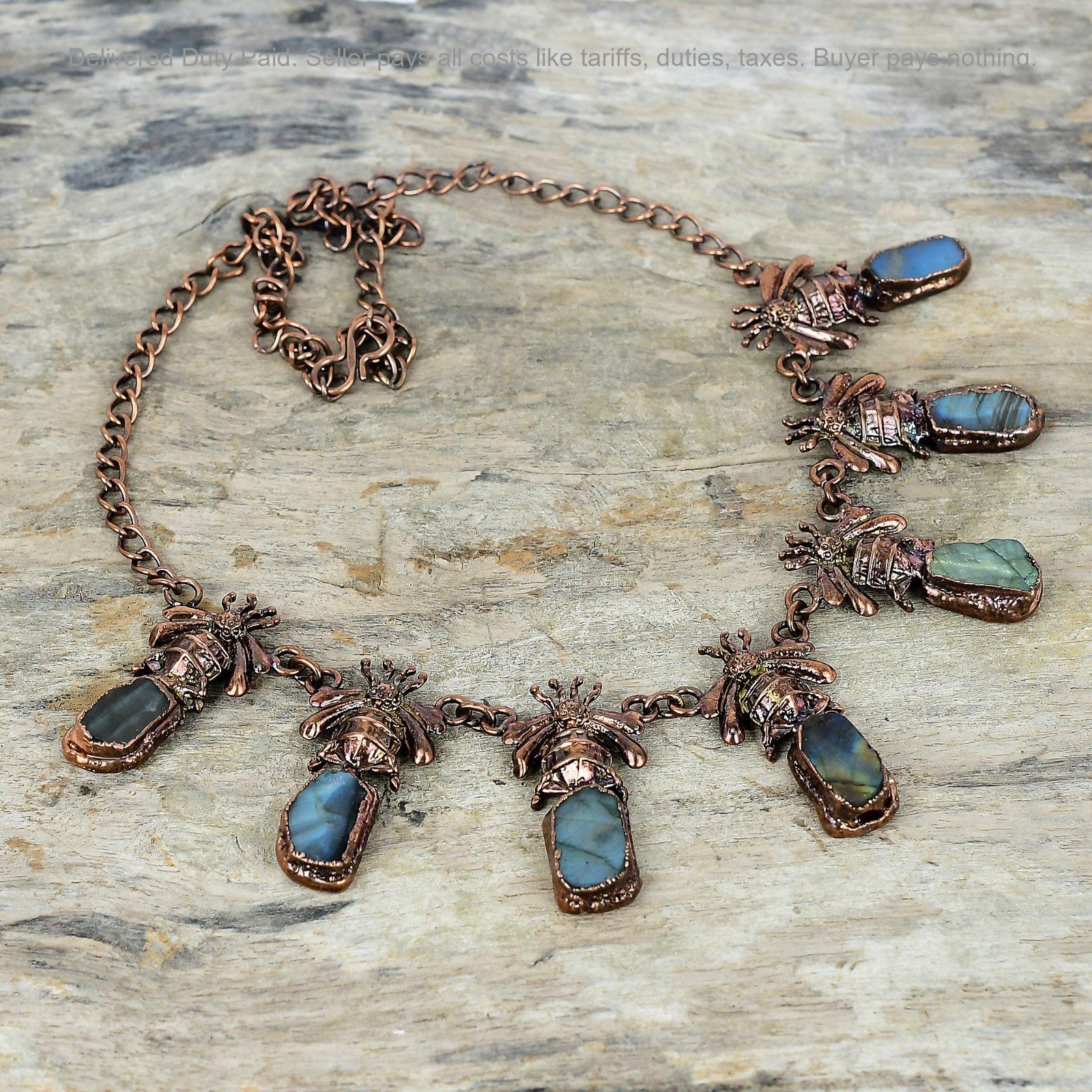 Copper Natural Labradorite Rough Chain Electroformed And Honey Bee Wife Necklace