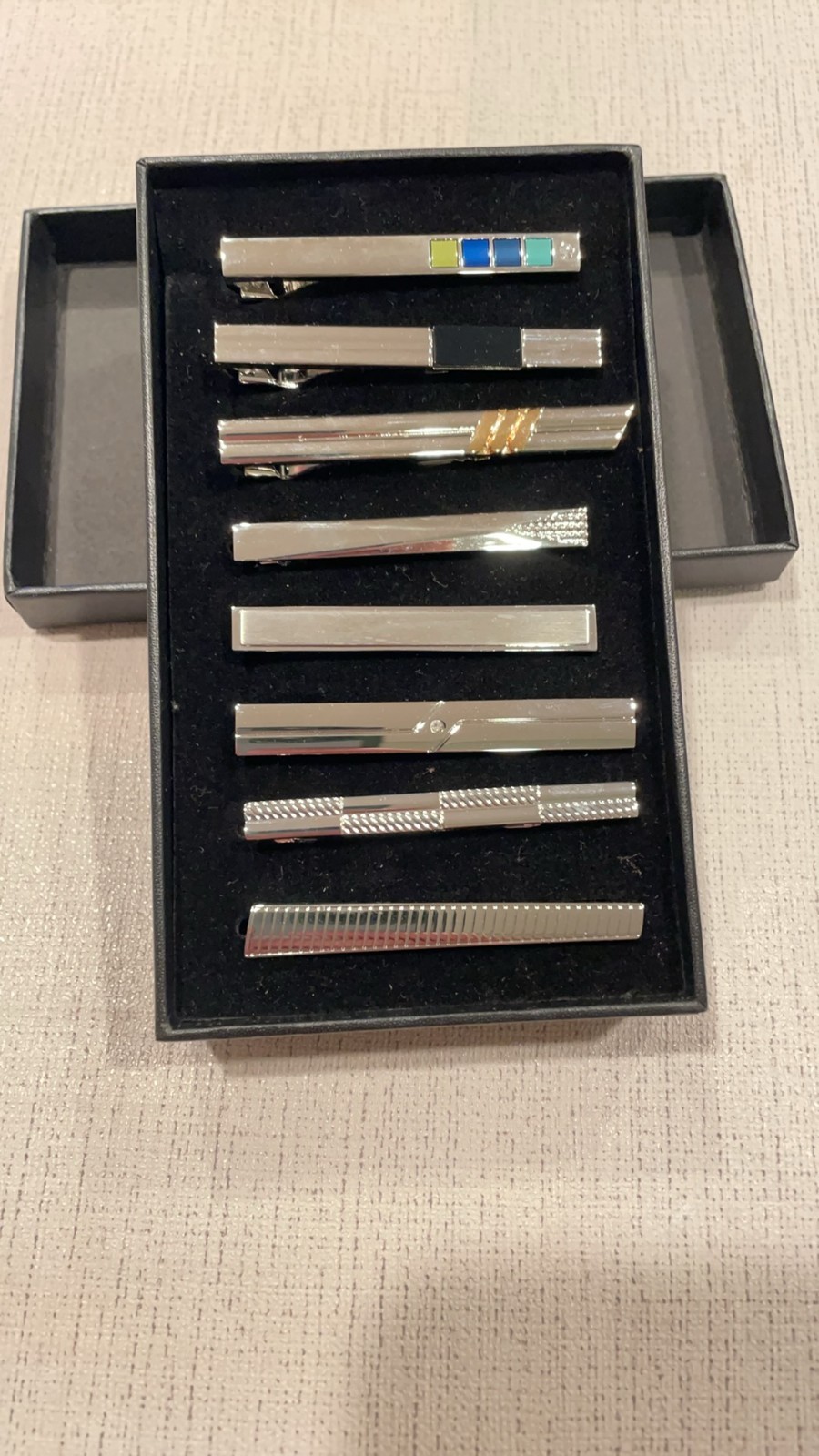 Men’s Silver Tone Tie Clips Set of 8 Classic & Modern Necktie Bars Nice Gift Box