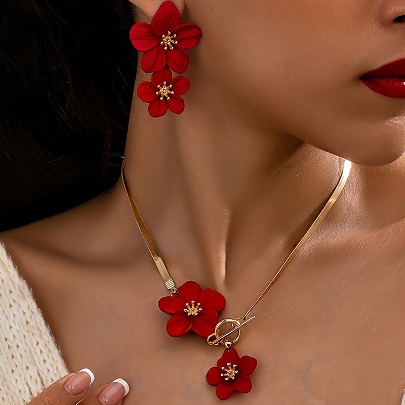 Women’s Fashion Elegant Red Flower Pendant Necklace Earring Set Alloy