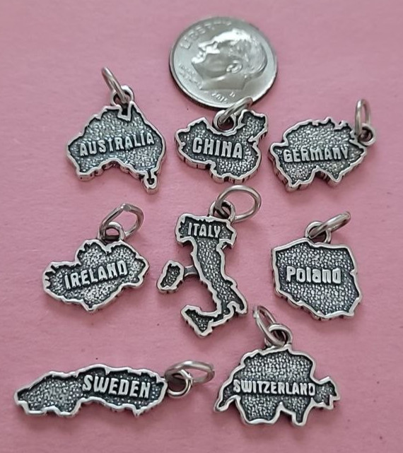 Sterling Silver Country Map Charm Pendant Choose Country Maps Travel 925 USA New