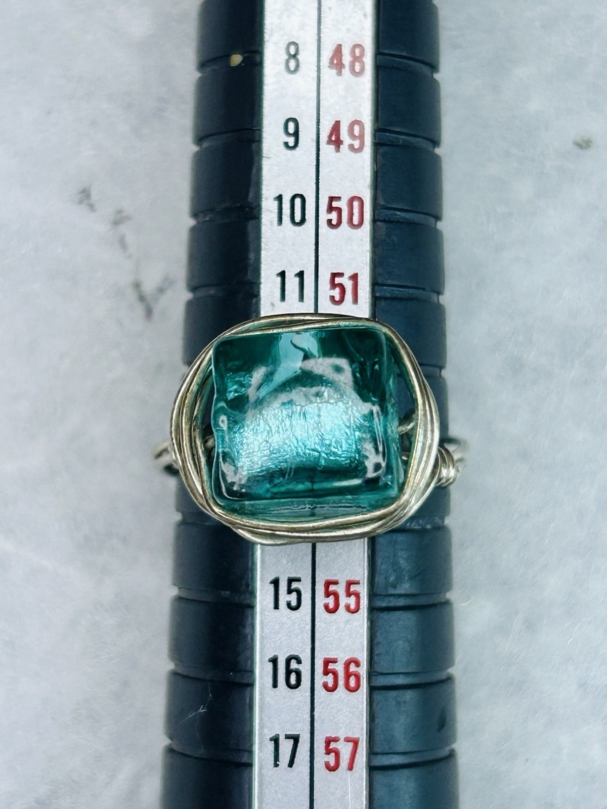 Vintage Artisan Wire Wrapped Aqua Glass Statement Ring (c. 2000s–2010s)